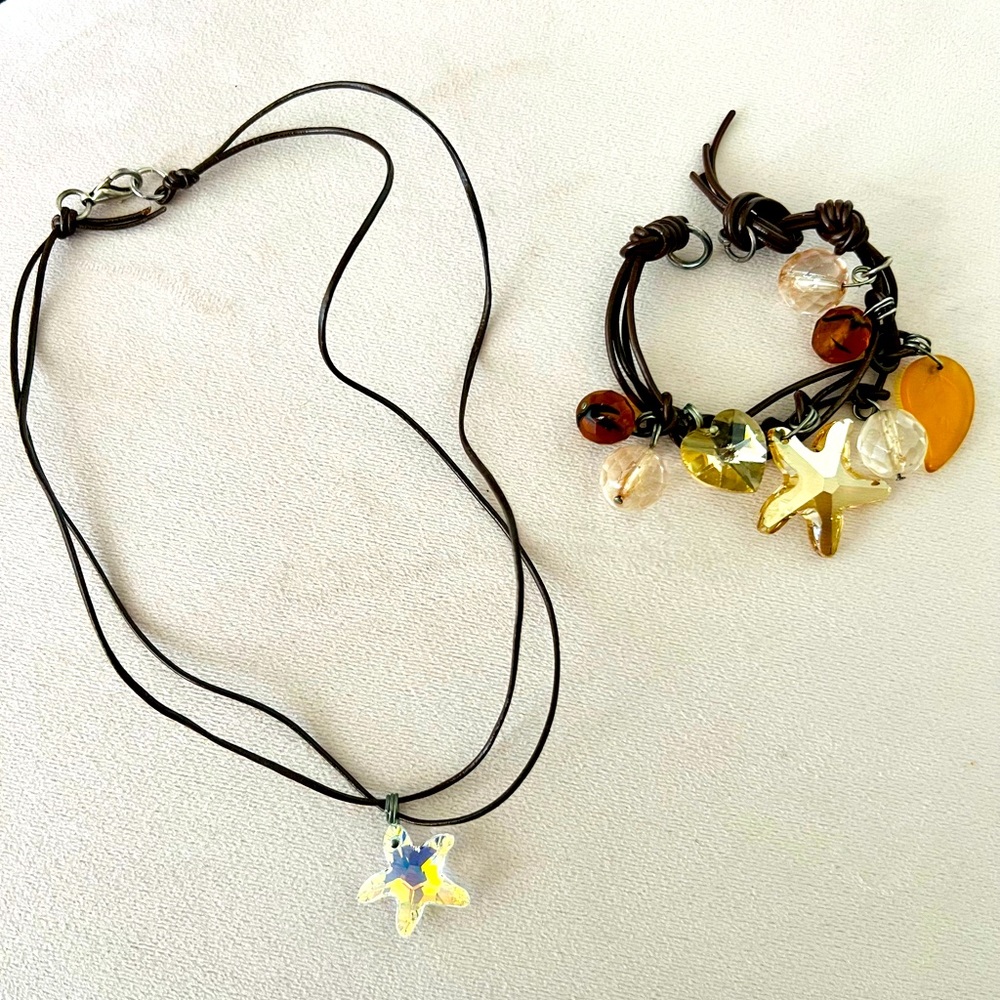Handmade leather and crystal necklace and bracelet.